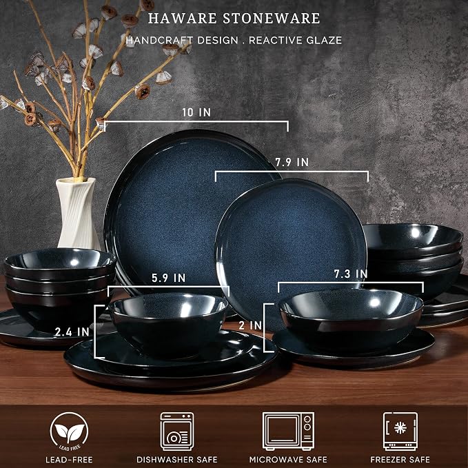 HaWare Plates and Bowls Set, Stoneware Dinnerware Sets, 16-Piece Hand-painted Dishware for 4, Ceramic Dish Set for Home Kitchen, Scratch Resistant, Microwave and Dishwasher Safe, Reactive Starry Blue