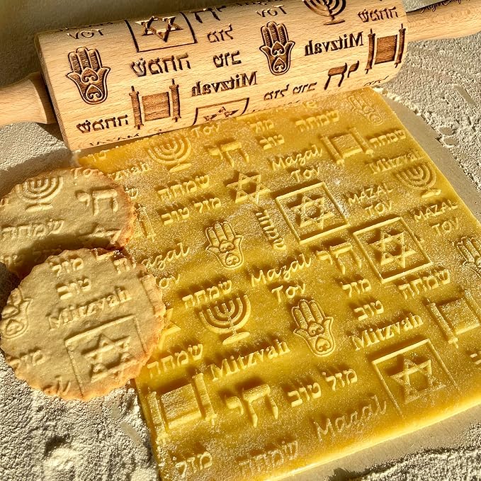 HANUKKAH Rolling pin Jewish holiday symbols laser engraved embossing dough roller for homemade cookies