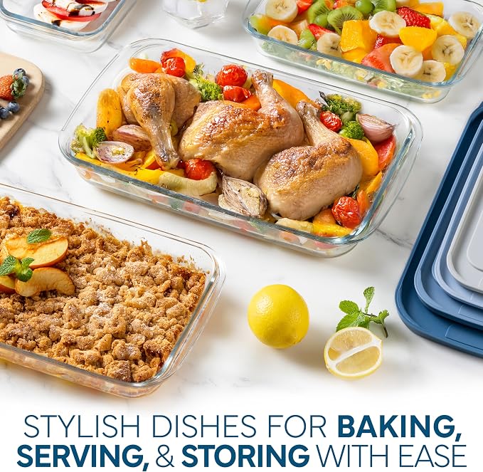 COOK WITH COLOR 8-Piece Deep Glass Baking Dish Set with Plastic Lids – Casserole and Food Storage Containers for Lasagna, Leftovers – Freezer-to-Oven, Microwave & Dishwasher Safe, Blue