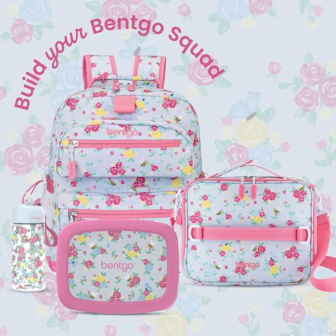 Bentgo Kids Prints Lunch Bag - Double-Insulated, Reusable, for Kids 3+, Adjustable Strap; Holds Lunch Box/Water Bottle/Snacks; Easy-Clean, Water-Resistant, Pockets (NEW Blooming Floral)