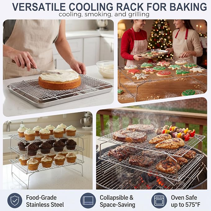 E-far Cooling Rack for Cooking and Baking-4-Tier, 15”x10” Collapsible & Stackable Tight-Wire Stainless Steel Cookie Rack for Baking Sheet, Oven, Roasting, Dishwasher Safe & Space Saving