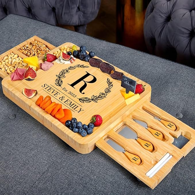 RoyalHouse Personalized Charcuterie Board, Custom Bamboo Engraved Cheese Board, Customized Gifts, Bridal Shower Gifts, Perfect for Personalized Christmas Gift