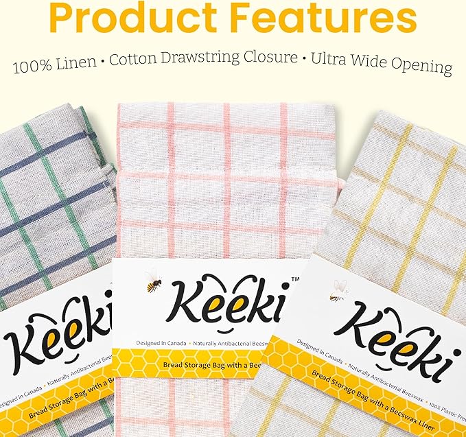 Keeki Bag - The Original Beeswax Lined Bread Bag for Homemade & Sourdough | Reusable Linen Bread Storage | Beeswax Wrap Alternative | Plastic-Free Storage w/Wide Opening & Drawstring - Longer Blue