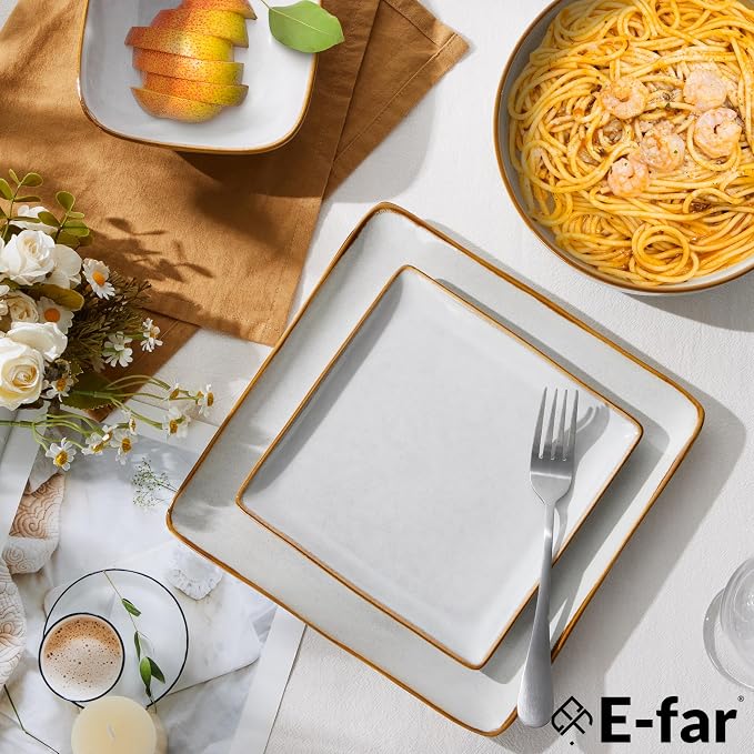 E-far Square Plates and Bowls Sets, 12-Piece Stoneware Dinnerware Sets for 4, Reactive Glaze Dish Set, Chip and Scratch Resistant, Microwave and Dishwasher Safe, Seashell White