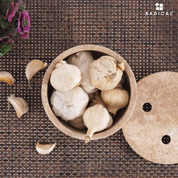 Radicaln Marble Garlic Keeper With Lid 4.5 Inch Travertine Handmade Garlic Storage and Garlics Container For Kitchen, Keep Fresh Garlic Cloves, Ideal Garlic Keeper for Counter