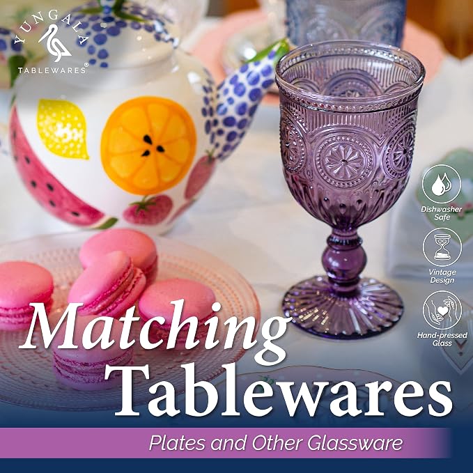 Purple Wine Glasses set of 6 purple goblets. GLASS goblets for wine, water or cocktails, vintage glassware and DISHWASHER SAFE, colorful glassware.