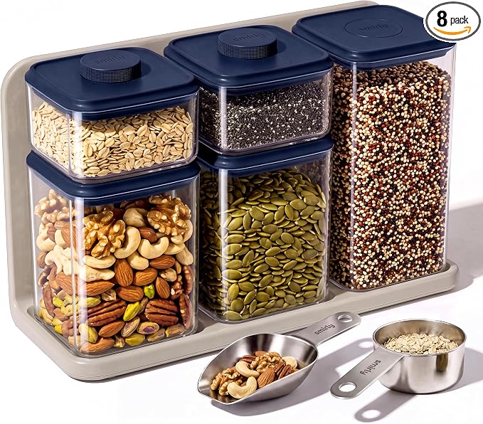 SMIRLY 8-Pcs Airtight Food Storage Containers Set with Countertop Organizer,One-Press Air Tight Pantry Storage Containers, BPA-Free ABS,Stainless Steel Spoon & Scoop for Cereal, Flour, Sugar-Blue