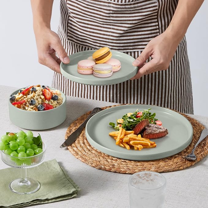 E-far 8-Piece Plates and Bowls Sets - Stoneware Dinnerware Sets with Pasta Bowls for 2 | Microwave & Dishwasher Safe Kitchen Modern Dish Set, Speckled Green