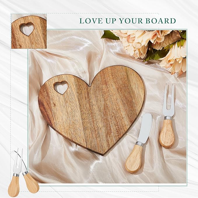 Patelai 2 Set Bridal Baby Shower Favor Heart Cheese Board with Knife, Wood Mini Charcuterie Board Thank You Gift Box for Guest Bridal Baby Shower Prize Wedding Valentines Birthday (Acacia Color)