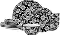 Pfaltzgraff Midnight Blooms 12 Piece Floral Stoneware Dinnerware Plate Bowl Dish Set, Service for 4, Black