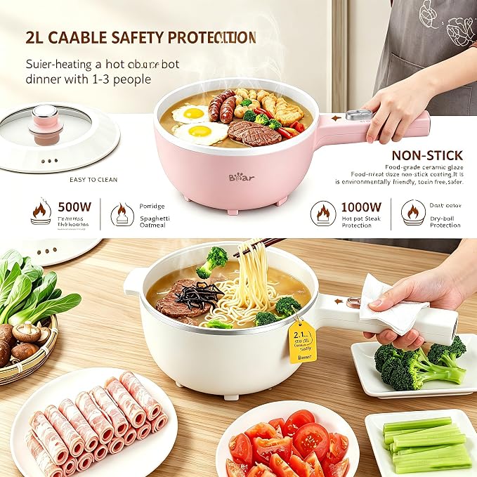 Bear 2L Non-Stick Hot Pot，1000W | Multifunctional Portable Cooking Pot, Rapid Noodles Electric, Non-Stick Frying Pans for Steak, Egg, Ramen, Oatmeal