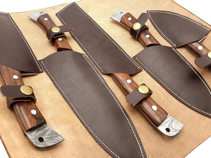 Nooraki Kitchen Handmade Damascus Knife Set 5 Pieces Full Tang Rosewood Handle, Chef, Butcher, Bread, Paring, Skinning Knives Set Everyday Use With Leather Bag