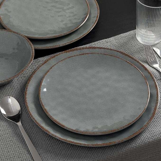 LEHAHA Rustic Farmhouse 12 Piece Melamine Camping Dinnerware Set, Plates and Bowls Sets, Indoor and Outdoor Use, Lightweight and Unbreakable Kitchen dishes Set for 4(Grey)