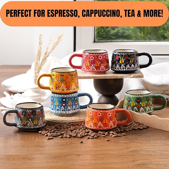 BCS 6 Oz Cappuccino Cups Set of 2, Ceramic Coffee & Tea Mugs, Colorful Handmade Cups, Dishwasher & Microwave Safe Ceramic Mugs (3 Inches, Yellow - Navy Blue)
