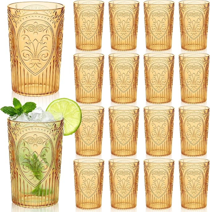 24 Pcs 16 oz Plastic Vintage Drinking Glasses Stemless Ribbed Highball Glasses Bulk Embossed Reusable Cup for Water Beer Cocktails Juice Wedding Bridal Shower Birthday Event Party (Amber)