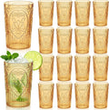 24 Pcs 16 oz Plastic Vintage Drinking Glasses Stemless Ribbed Highball Glasses Bulk Embossed Reusable Cup for Water Beer Cocktails Juice Wedding Bridal Shower Birthday Event Party (Amber)