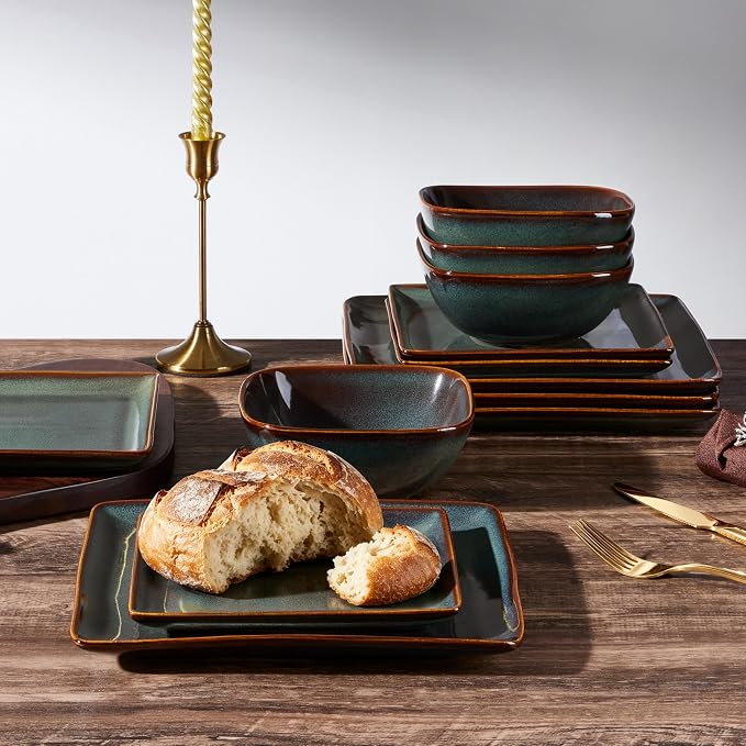 E-far Square plates and bowls Sets for 8, 24-Piece Reactive Glaze Stoneware Dinnerware Sets, Ceramic Dishes for Kitchen Dining, Microwave & Dishwasher Safe, Obsidian Green