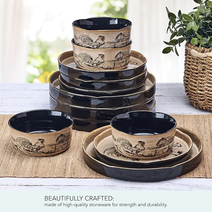 Pfaltzgraff Farmyard Rooster 12 Piece Farmhouse Style Dinnerware Set, Service for 4, Plate Bowl with High Rims, Rustic Design, Brown Black