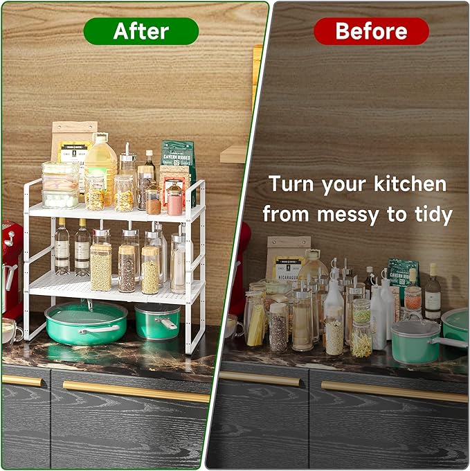 Expandable Kitchen Cabinet Shelf Organizer Rack Heavy Duty Metal Spice Rack Stackable Kitchen Counter Storage Shelf for Cabinet Pantry Bathroom (White- 16.5"-27" L x 8" W x 9.6" H - 2Pack)