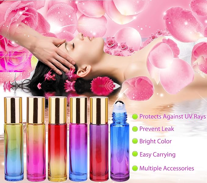 inice 12 Pack,Roller Bottles Gradient Color Glass Bottle for Essential Oils Applicator,10ml Roll on Bottle with Golden Metal Cap for Daily Care
