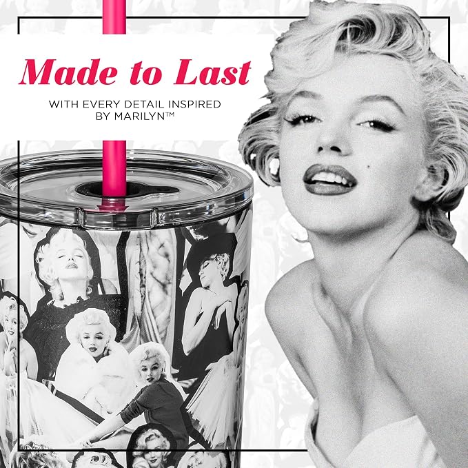 Dragon Glassware x Marilyn Monroe Tumbler with Straw & Lid, 24 oz | Vacuum Insulated Stainless Steel Tumbler with Straw & Lid; Double Walled Tumbler with Straw Charm; Marilyn Monroe Cup
