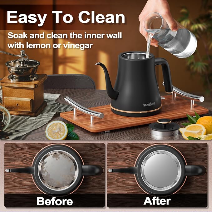 Stariver Gooseneck Electric Kettle, 0.8L Electric Tea Kettle Tea Pot, Pour Over Coffee Kettle with Stainless Steel Inner Lid & Bottom, Water Boiler with Auto Shut Off and Boil Dry Protection, Black