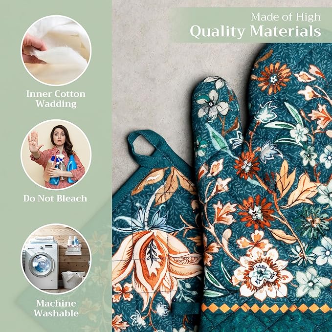 Maison d' Hermine 100% Cotton Oven Mitt & Pot Holder Set (7.5"x13" & 8"x8") Heat Resistant Cooking Gloves with Loop for Thanksgiving Christmas Decorations Handling Hot Pans (Luxury Loft - Dark Teal)