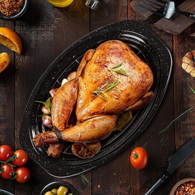 13” Roasting Pan with Lid, Small Enameled Carbon Steel Oven Roaster for Chicken, Turkey, Meat, Bread, Sourdough, Heat Resistant to 572℉, Dishwasher/Induction Safe, including Stainless Steel Oval Rack