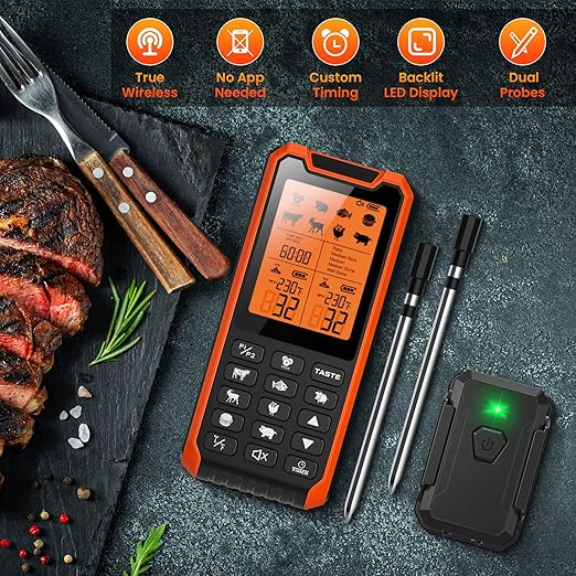 300FT Wireless Meat Thermometer with 2 Probes-Rechargeable, Rechargeable Digital Digital Cooking Thermometer with Alarm Function Preprogrammed Temperatures for The Oven, Kitchen, BBQ IP67