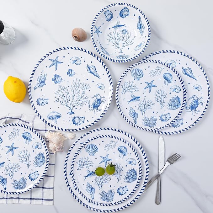 LEHAHA 12-Piece Coastal Melamine Dinnerware Set Service for 4, Unbreakable & Lightweight Round Plates and Bowls Set, Outdoor Dish Set for Patio, Camper, RV, Indoor Outdoor Use with Ocean Printed