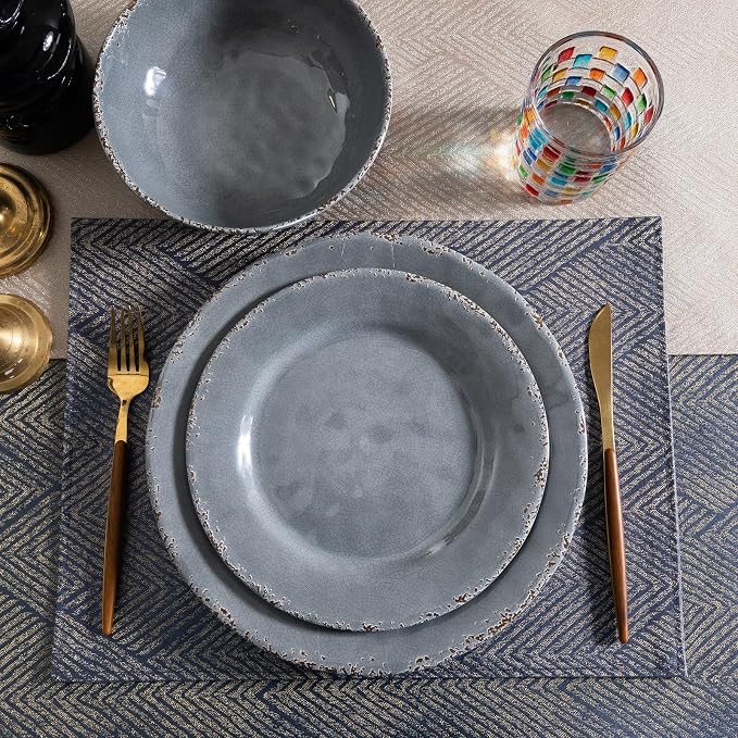 12 Pcs Vintage Melamine Dinnerware Sets, Durable Set Of 4 Plates and Bowls Set, Lightweight Dishes Dinnerware Sets for Indoor and Outdoor Use, BPA Free,Cool Gray
