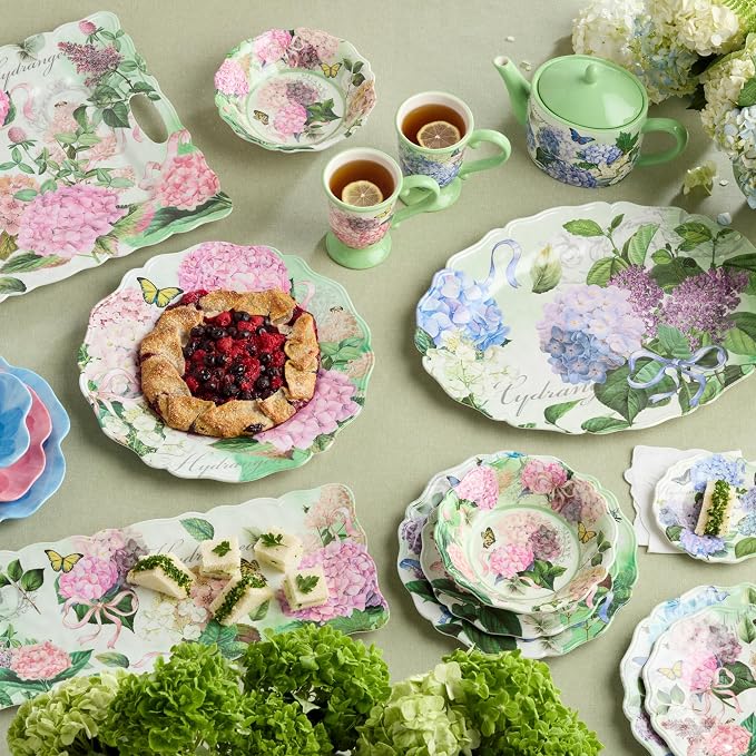Garden Path Melamine 12-Piece Dinnerware Set - Hydrangea Design, Service for 4 with Dinner Plates, Salad Plates, and Bowls - Durable, Lightweight, and Dishwasher-Safe