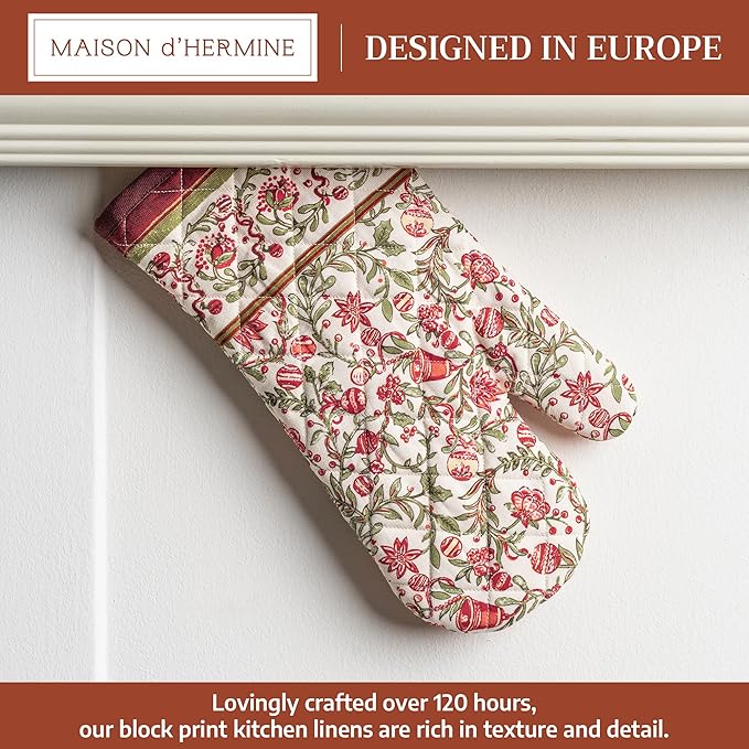 Maison d' Hermine Oven Gloves 100% Cotton Oven Mitt 7" x 13" with Loop Heat Resistant Cooking Gloves for Thanksgiving Christmas Decorations Baking Handling Hot Pans (Pack of 1, Reveillon Au Jardin)