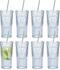 8 Set 20oz Vintage Plastic Tumbler with Lids and Straws Ribbed Floral Drinking Glasses Reusable Iced Coffee Cups for Water Juice Smoothie Cocktail Travel Party Events Gift (Blue)