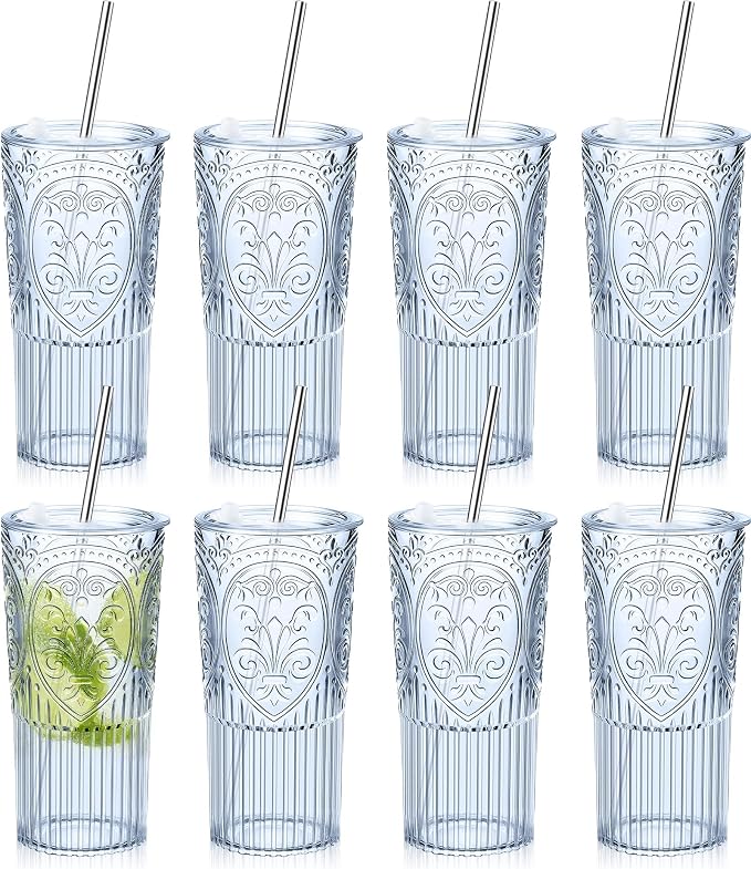 8 Set 20oz Vintage Plastic Tumbler with Lids and Straws Ribbed Floral Drinking Glasses Reusable Iced Coffee Cups for Water Juice Smoothie Cocktail Travel Party Events Gift (Blue)