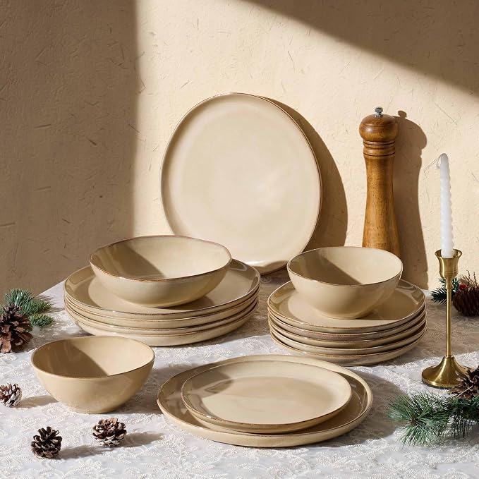 Herogo Stoneware Dinnerware Sets for 6, 18pcs Irregular Handmade Dinner Dish Set, Plates and Bowls Dishware for Kitchen Dining, Microwave & Dishwasher Safe, Cream Khaki