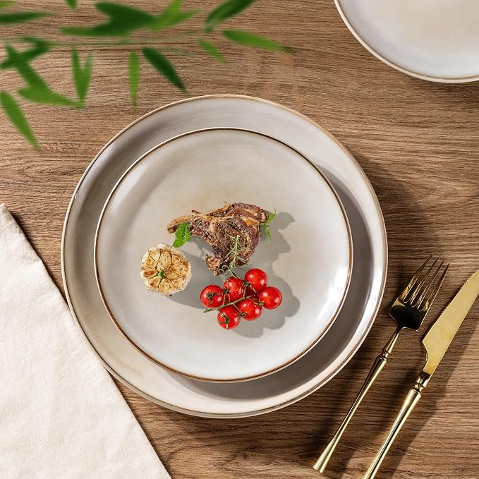 GBHOME 24 Pieces Double Bowls Dinnerware Sets for 6, Stoneware Plates and Bowls Set with Reactive Glaze, Scratch Resistant Stoneware Dishes Set, Dishwasher & Microwave Safe