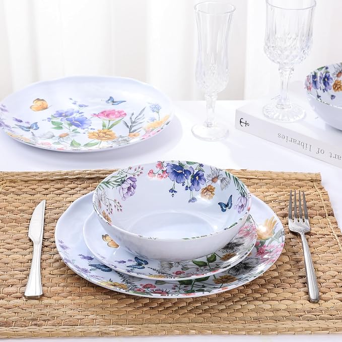 12 Piece Melamine Dinnerware Sets - Plates And Bowls Sets Floral Dinnerware Sets- Spring Camping Dishs Indoor Outdoor Use,Flowers And Butterflies Pattern