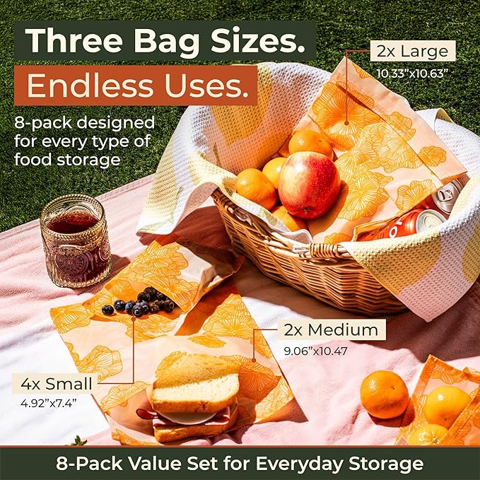 Reusable Beeswax Food Storage Bags – 8 Pack (2 Large, 2 Medium, 4 Small) | Natural Alternative to Plastic | Organic Cotton, Beeswax, Jojoba Oil