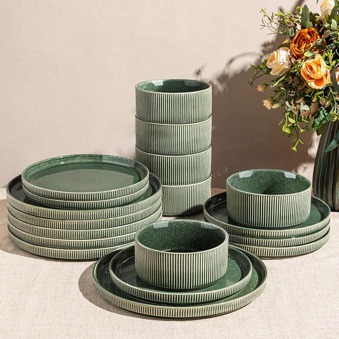 GBHOME 18-Piece Stoneware Dinnerware Set for 6 – Ribbed Ceramic Plates and Bowls, Scratch-Resistant, Microwave & Dishwasher Safe, Reactive Glaze, Dark Green