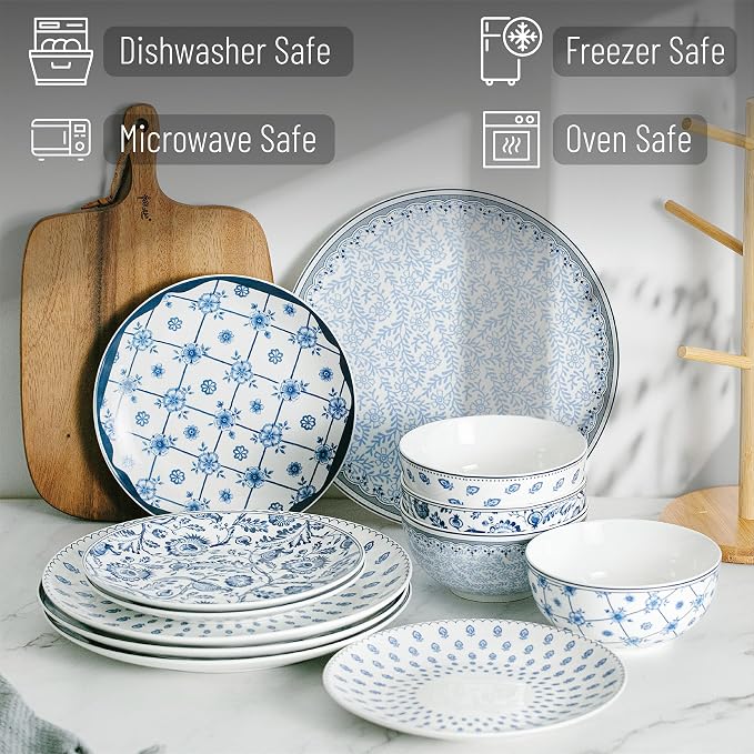 BTaT- Ceramic Dinnerware Sets for 4, 12 pcs, Porcelain Plates and Bowls, Ceramic Dish Set, Microwave & Dishwasher Safe