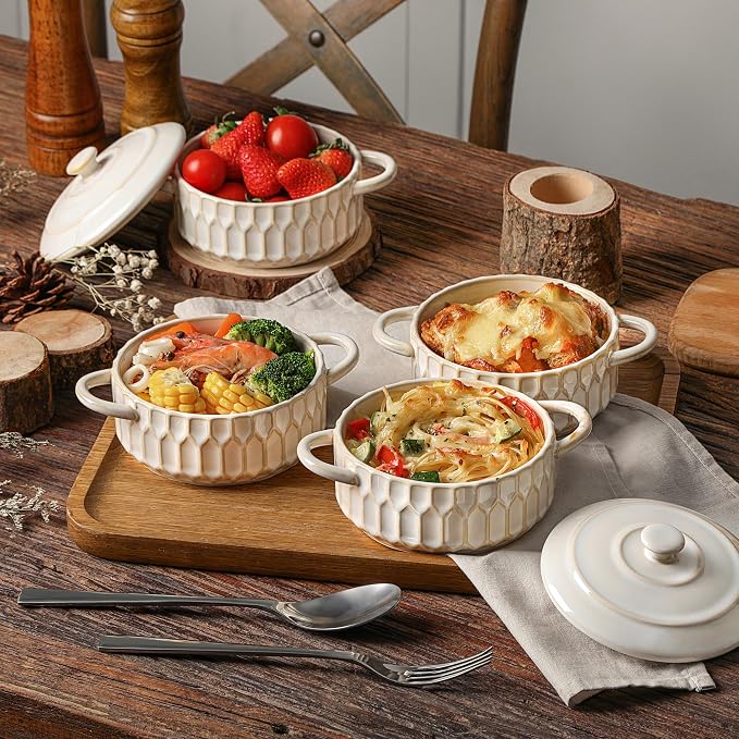 Mini Cocotte Set of 4, 14 oz Ceramic Mini Cocotte with Lids, Small Ceramic Casserole Dishes for Oven, Individual Baking Dish for Mini Sourdough, Soup, Soufflé & Pot Pie, Oven Safe
