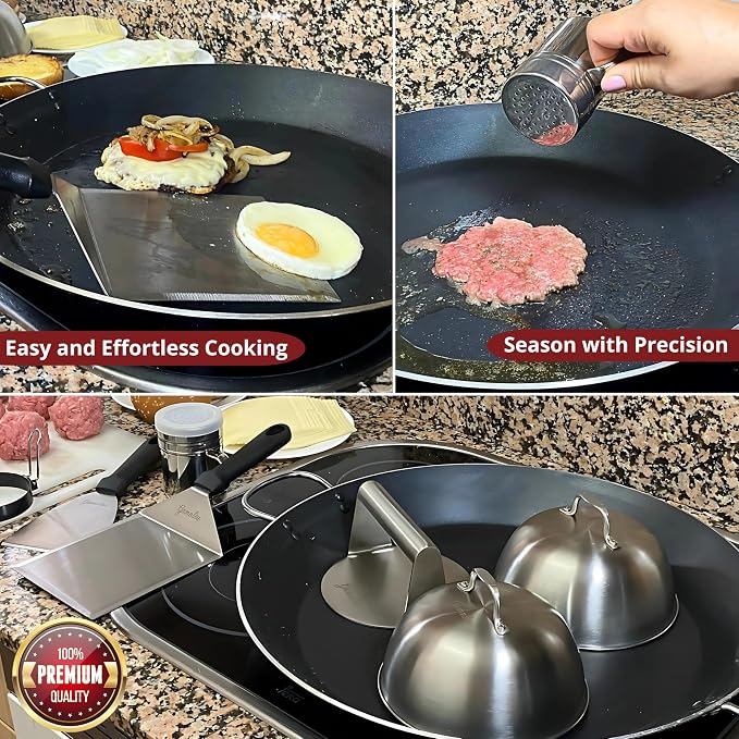 Gamalou® 7 Pcs Smash Burger Press Kit: Stainless Steel Burger Smasher, 6x5" Spatula, 4" Scraper, 2 Melting Domes, Seasoning Shaker, Egg Ring, Griddle Accessories for Blackstone, Grill, Frying Pan