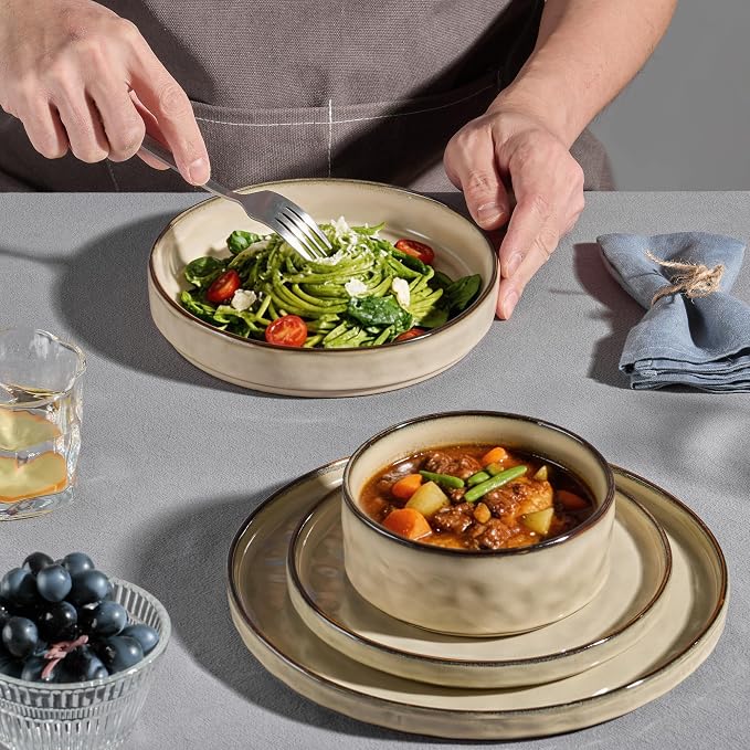 E-far 16-Piece Plates and Bowls Sets with Pasta Bowls - Stoneware Dinnerware Set for 4, Modern Ribbed Dishes, Microwave & Dishwasher Safe, Sandy Khaki
