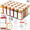 EDELHAUS® Square Spice Jars with Bamboo Wooden Lid (Pack of 24) Spice Jars with Shaker Insert and 240 Labels - Bamboo Lid Glass Container for Spice Organisation [4.3 in × 1.8 in]