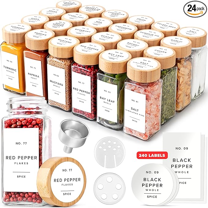 EDELHAUS® Square Spice Jars with Bamboo Wooden Lid (Pack of 24) Spice Jars with Shaker Insert and 240 Labels - Bamboo Lid Glass Container for Spice Organisation [4.3 in × 1.8 in]
