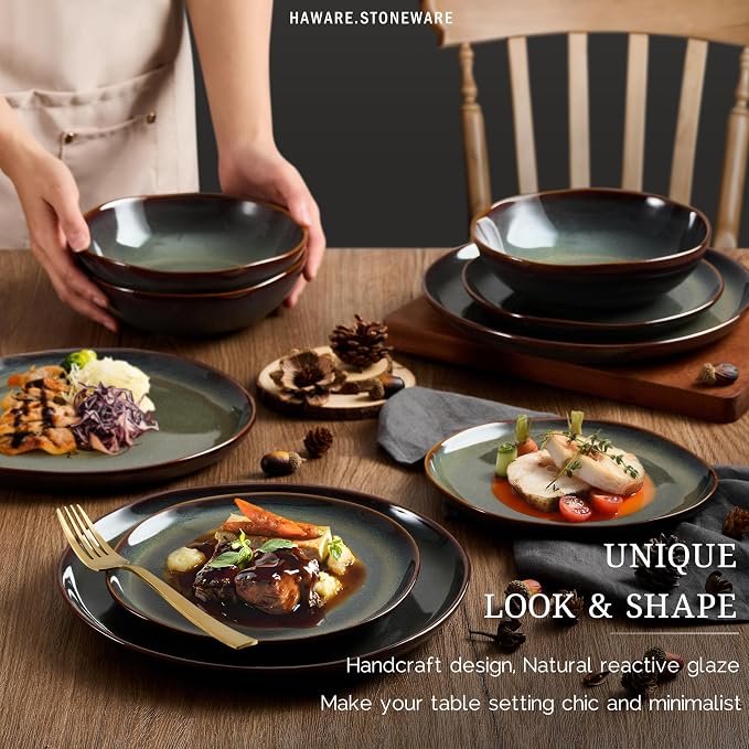 HaWare Plates and Bowls Set, Stoneware Dinnerware Sets, 18-Piece Hand-painted Dish Set for 6, Ceramic Dishware for Home Kitchen, Scratch Resistant, Microwave and Dishwasher Safe, Reactive Moss Green