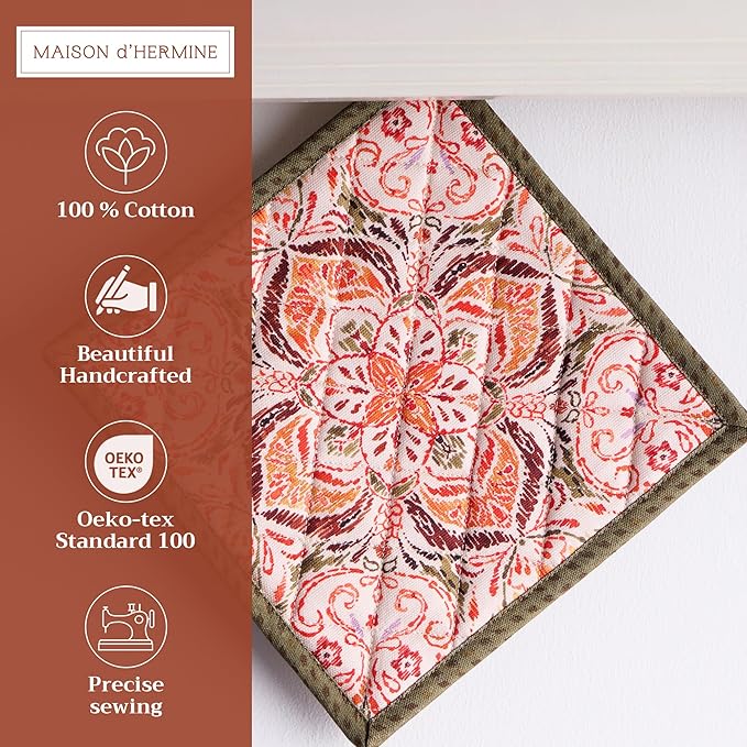 Maison d' Hermine Pot Holders 100% Cotton Heat Resistant Potholders 8" x 8" Hot Pads with Loop for Thanksgiving Christmas Decorations BBQ Cooking Baking Handling Hot Pans (Pack of 1, Damask)