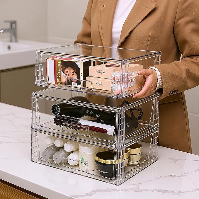 Wide Large Stackable Storage Drawers(3 Pack),Multi-purpose Clear Plastic Organizer Bins with Handles, Easy to Assemble for Bathroom Home Closet Under Sink Kitchen Pantry Medicine Cabinet
