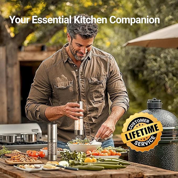 ThermoMaven Upgraded Larger Capacity Electric Salt and Pepper Grinder Set, 110ml Rechargeable Salt and Pepper Shaker with LED Light, Stainless Steel Automatic Pepper Mill with 6 Adjustable Coarseness